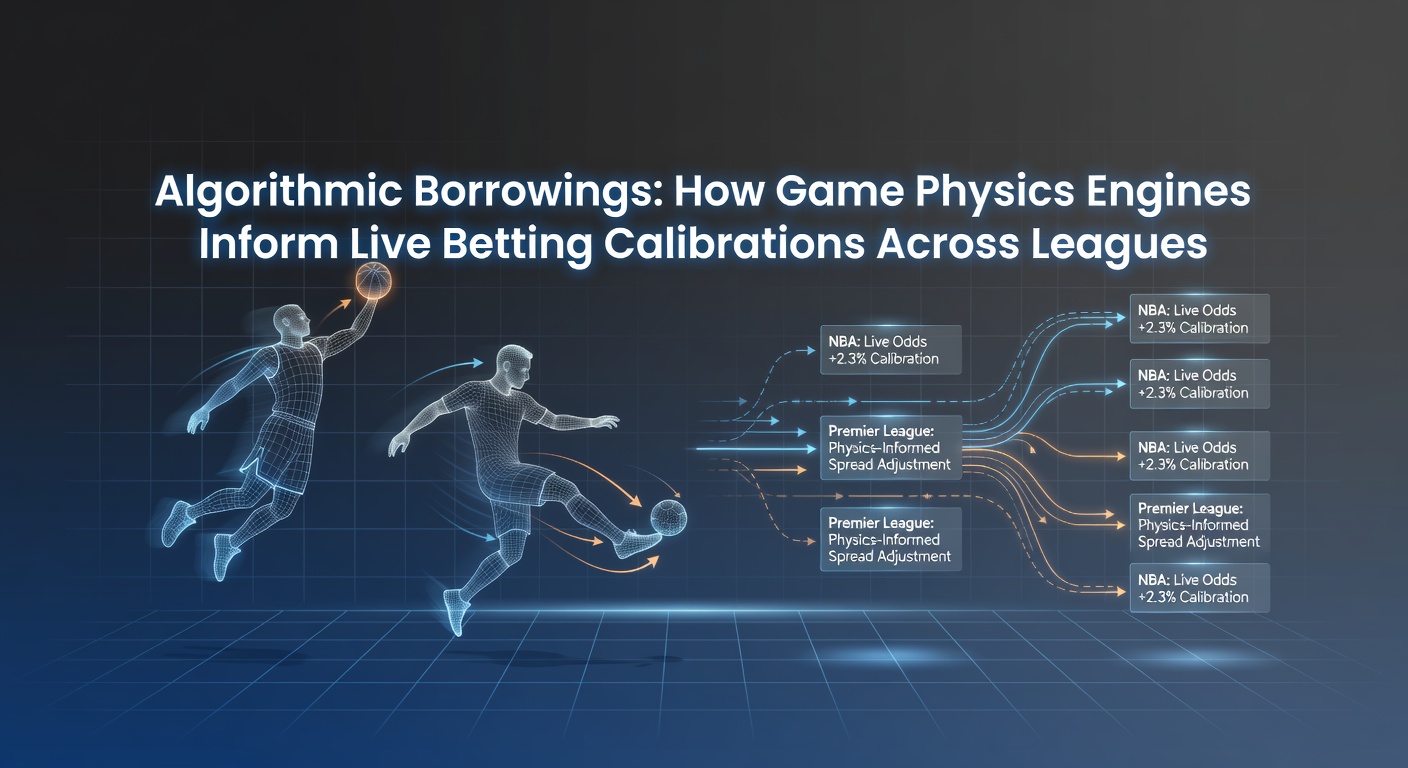 Visualization of physics engine simulations in sports games feeding into live betting calibration models across multiple leagues