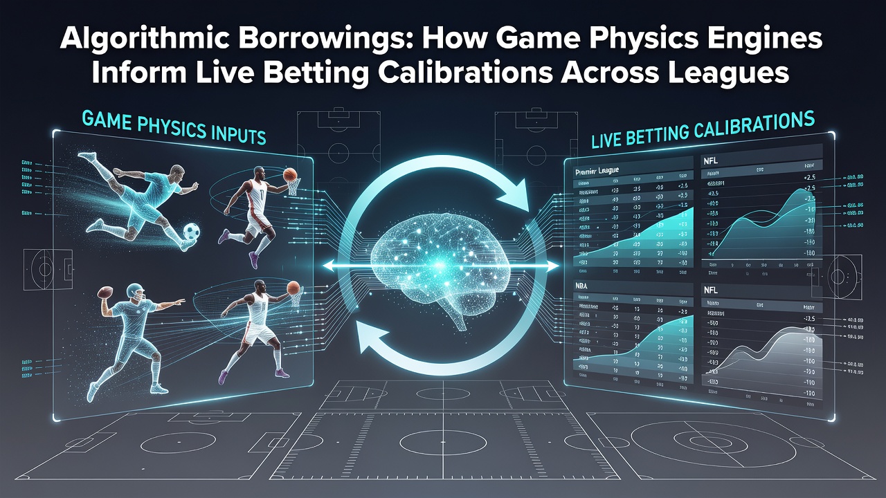 Data flow diagram showing game physics outputs integrated into multi-league live betting systems