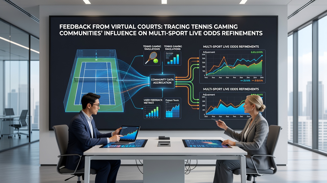 Tennis gaming interface showing live match simulations and community feedback overlays used in odds modeling