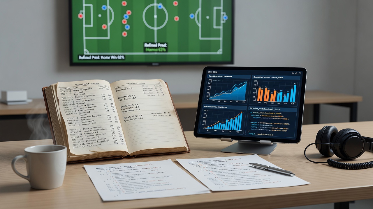 Analyst reviewing simulation data overlays on a screen showing international football match probability charts