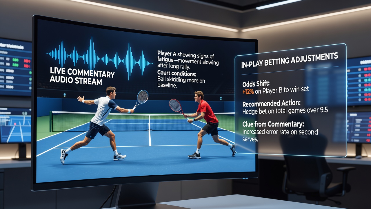 Screenshot from a tennis simulation game showing detailed player statistics and live match interface used for analyzing betting adjustments