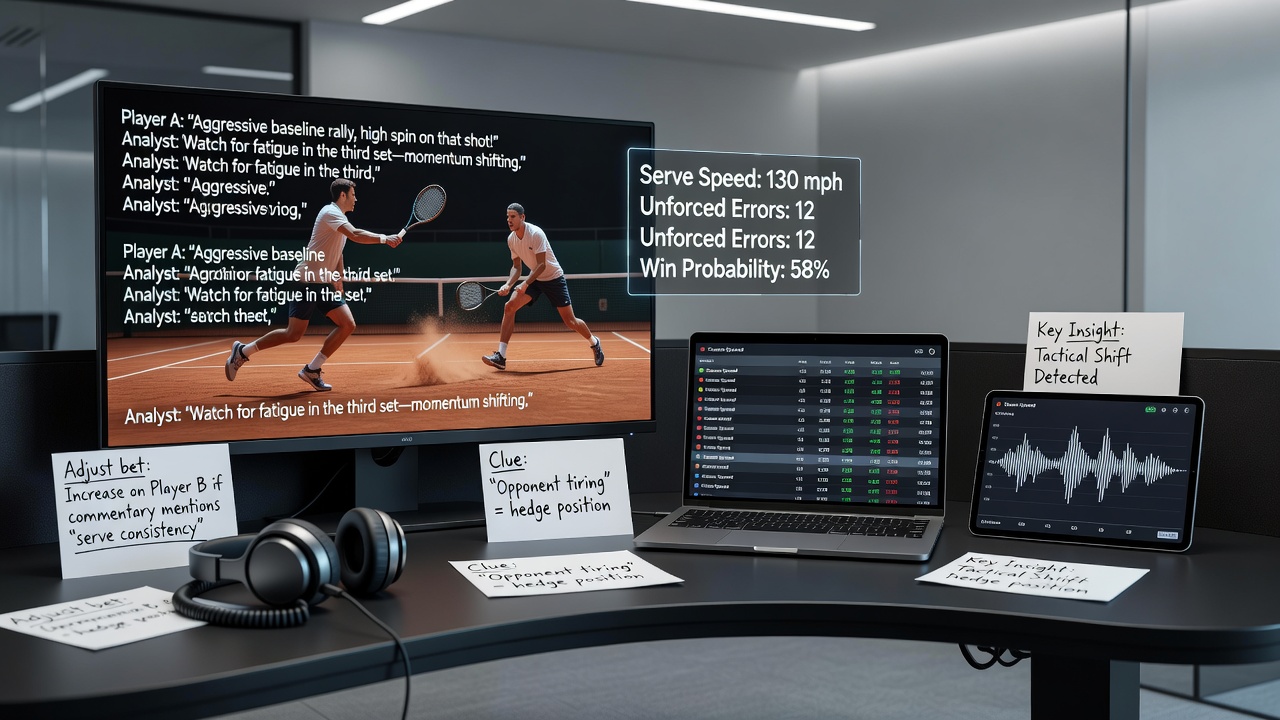 Close-up view of tennis simulation commentary interface highlighting player momentum indicators and real-time stats overlays