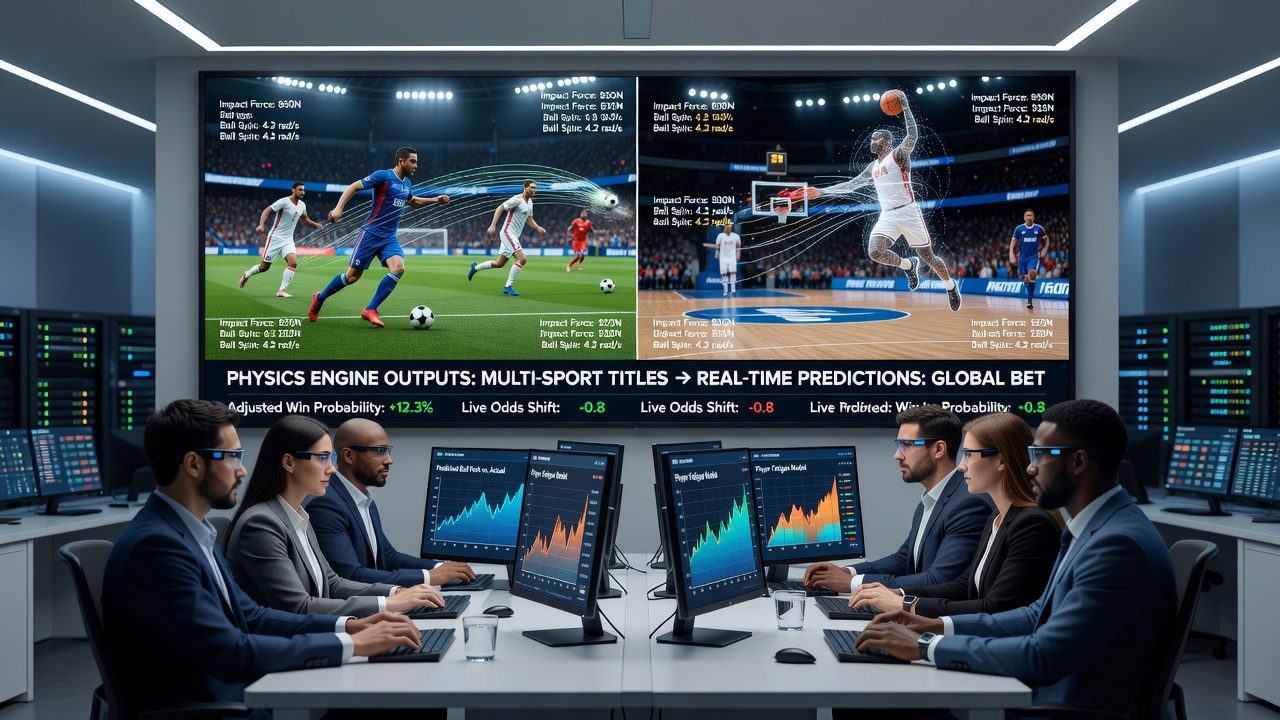 Real-time data stream connecting gaming physics outputs to live betting platform dashboards across multiple sports