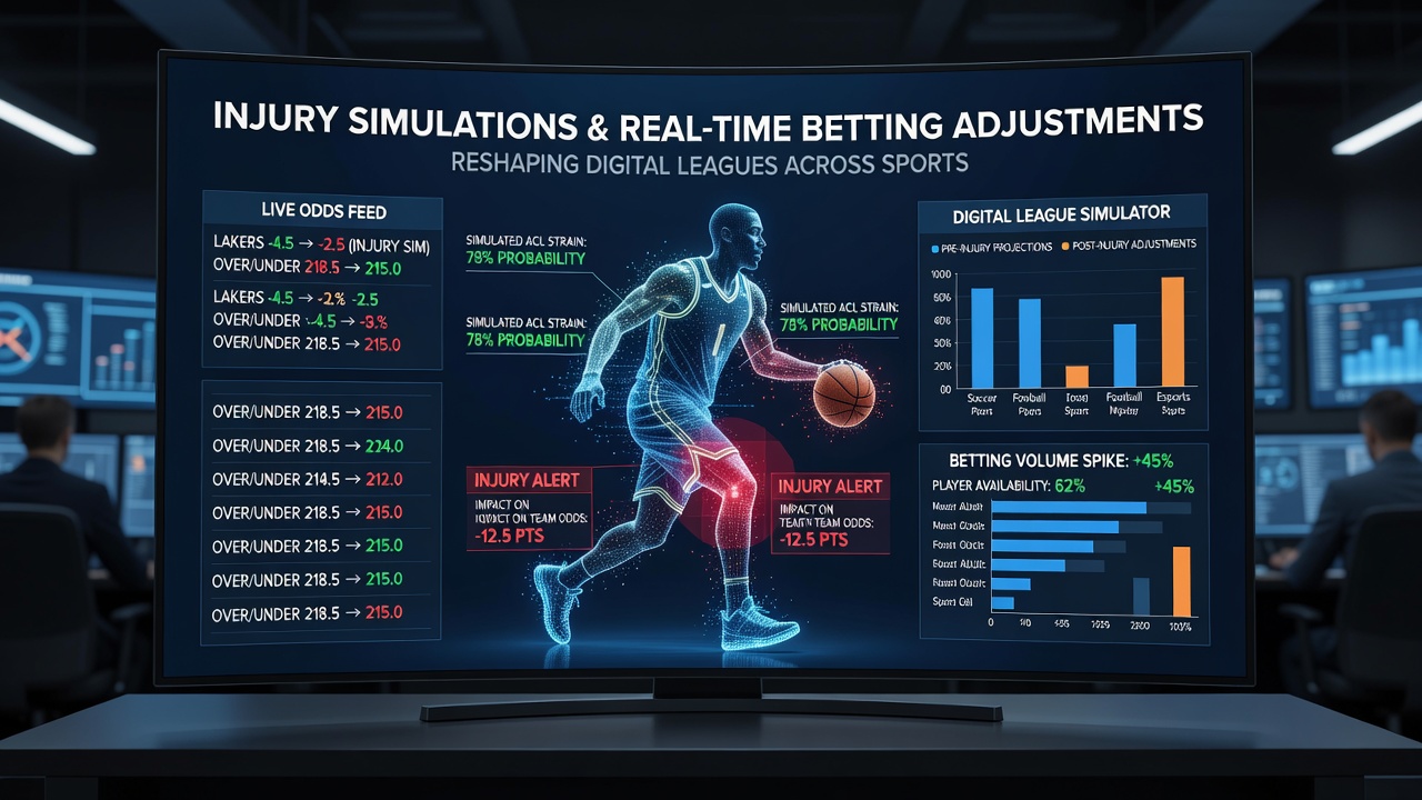 Digital league interface displaying simulated player injury data overlaid on live betting odds panels for basketball and hockey matches