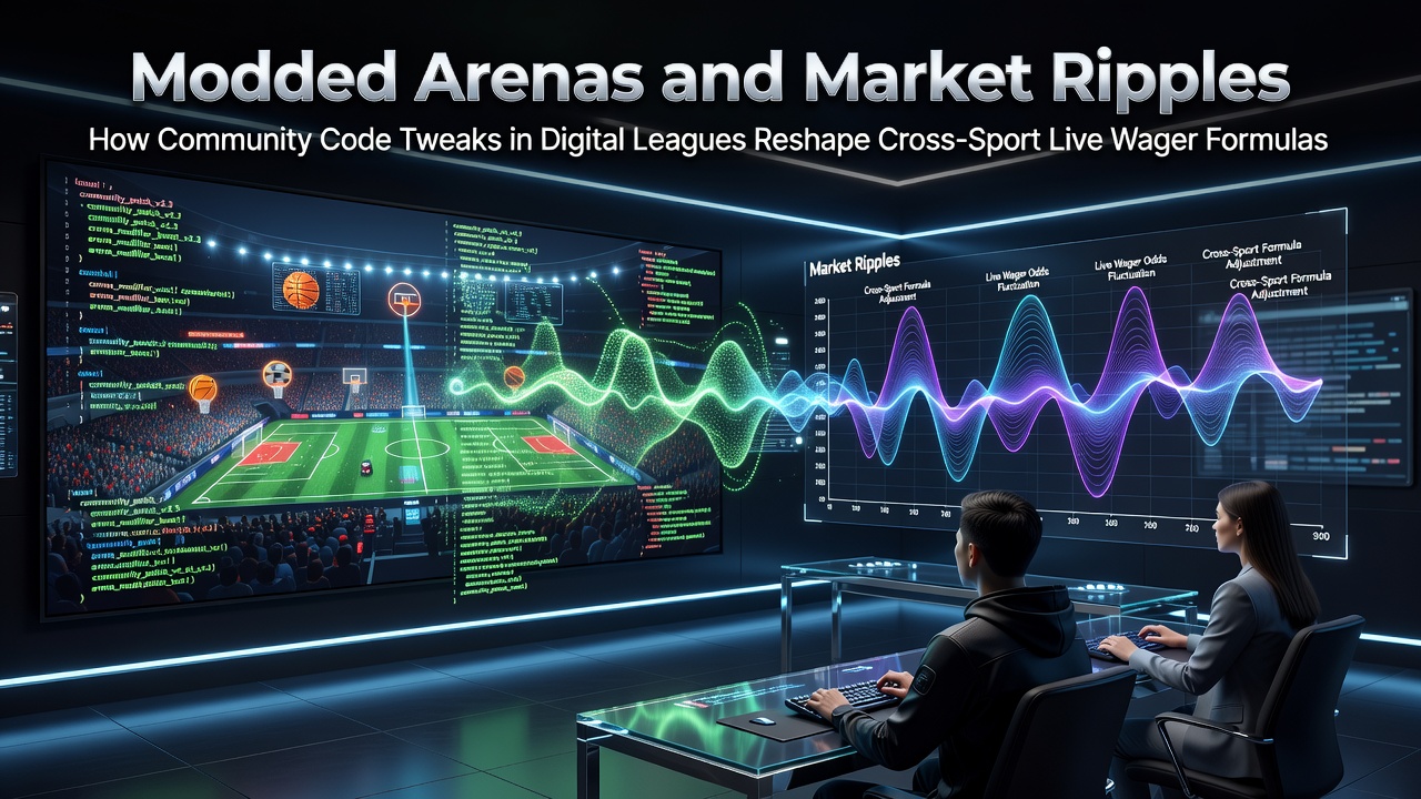 Community members adjusting code parameters in a digital sports arena simulation environment