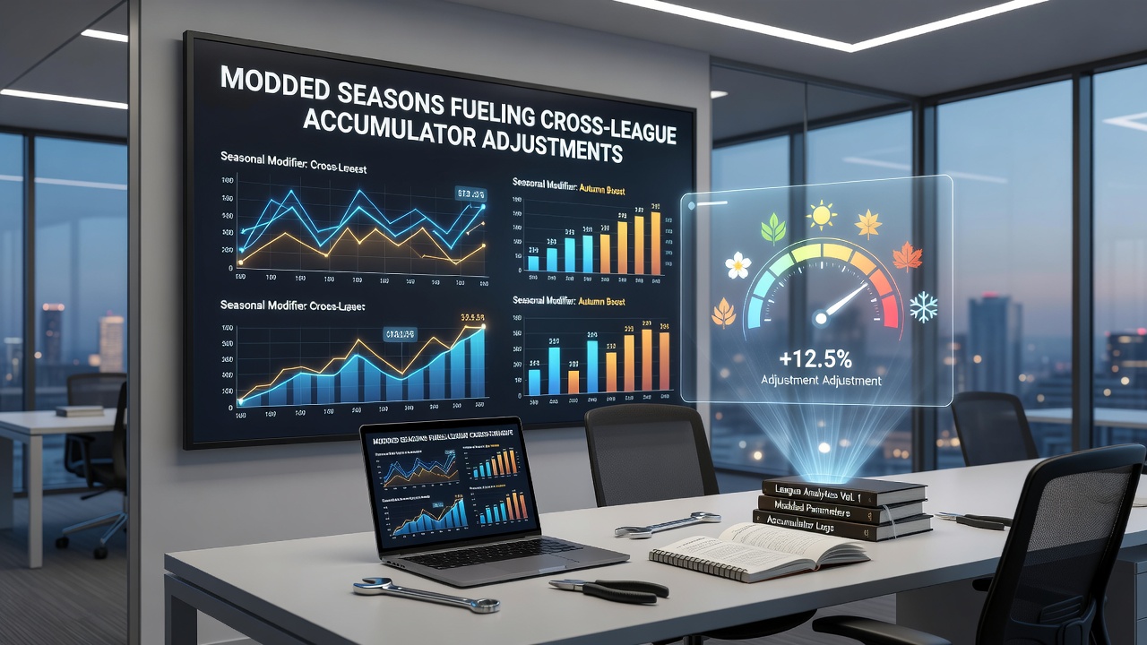 Visual representation of modded sports game interfaces showing altered season data feeding into betting accumulator models across hockey, basketball, and football leagues