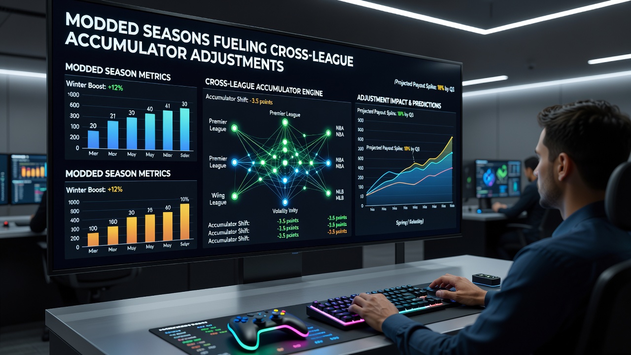 Detailed view of simulation metrics and accumulator bet structures being updated with inputs from multiple modded sports seasons
