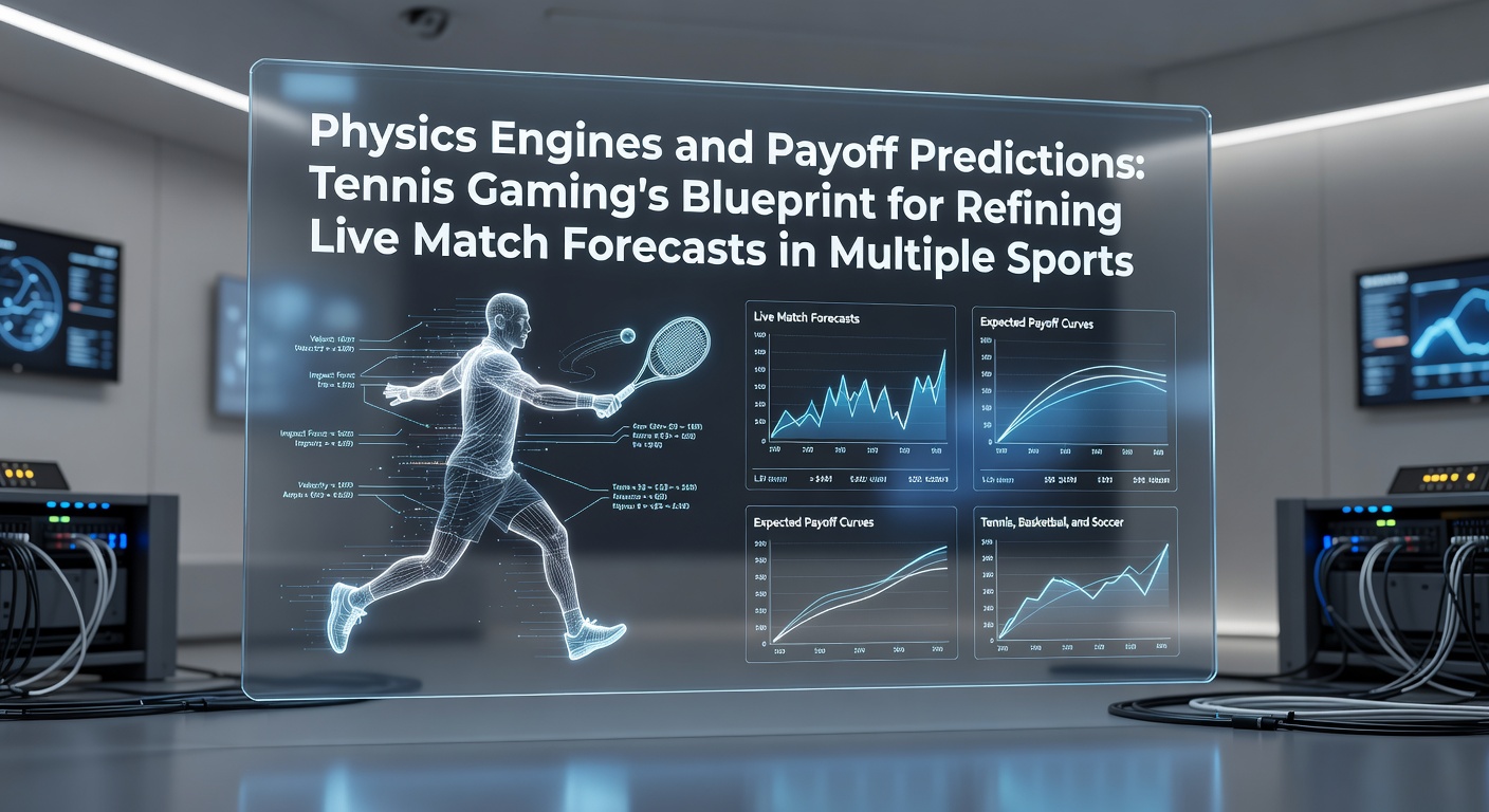 Tennis gaming simulation showing detailed physics engine calculations for ball trajectory and player movement in a virtual match