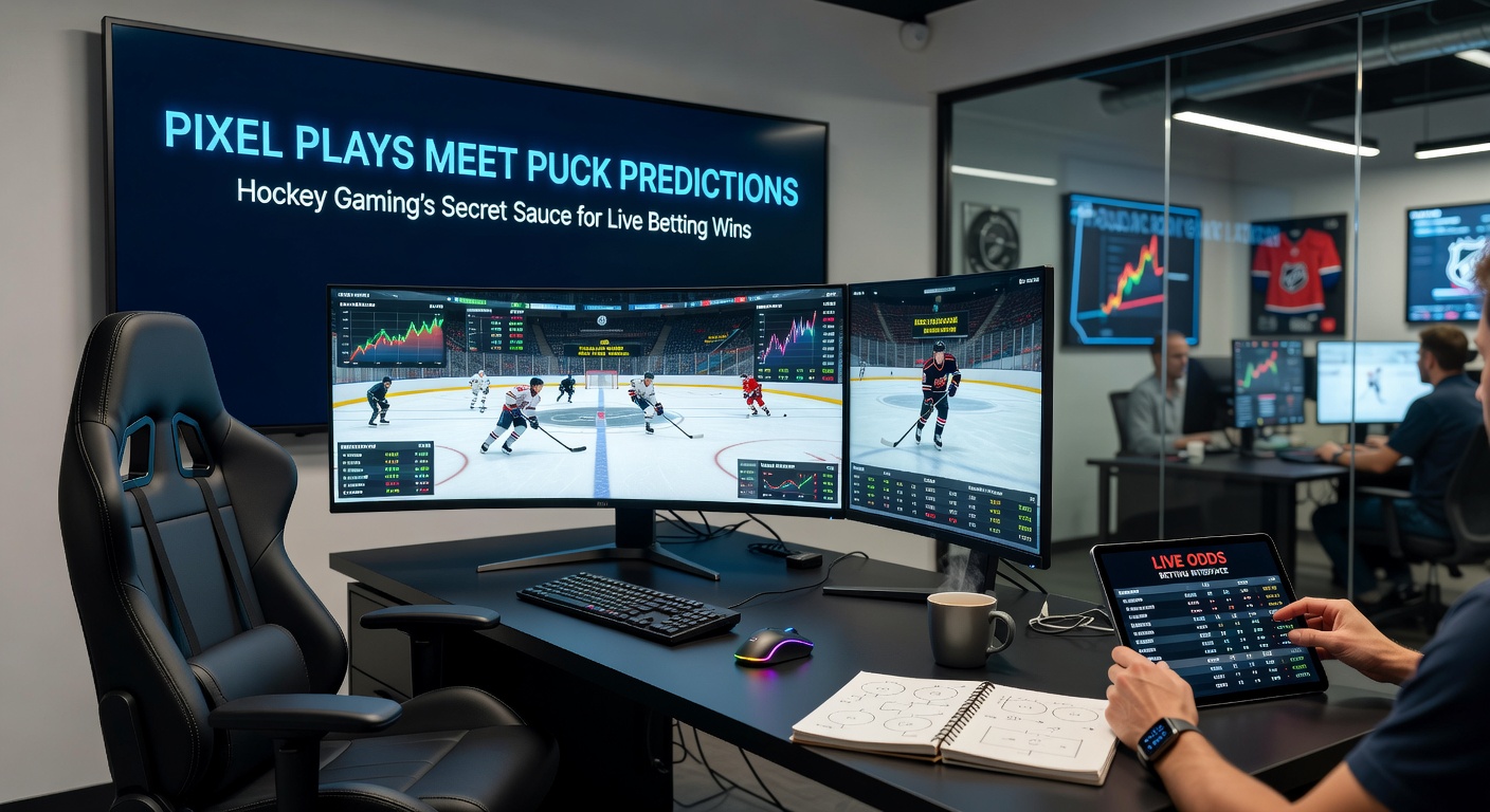 Split-screen image contrasting a high-stakes virtual hockey overtime with live NHL betting interface displaying puck line odds