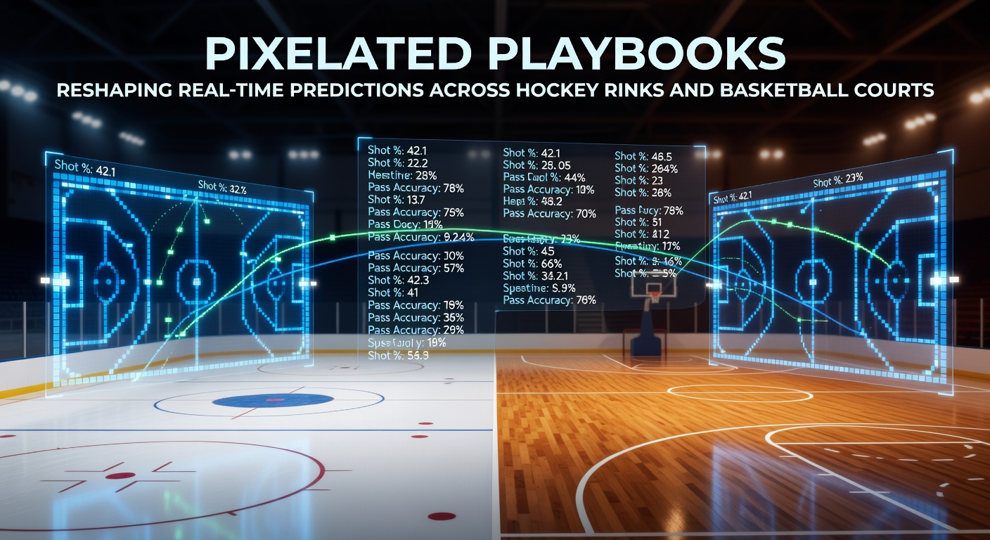 Digital simulations overlaying real hockey rink and basketball court action for live prediction modeling