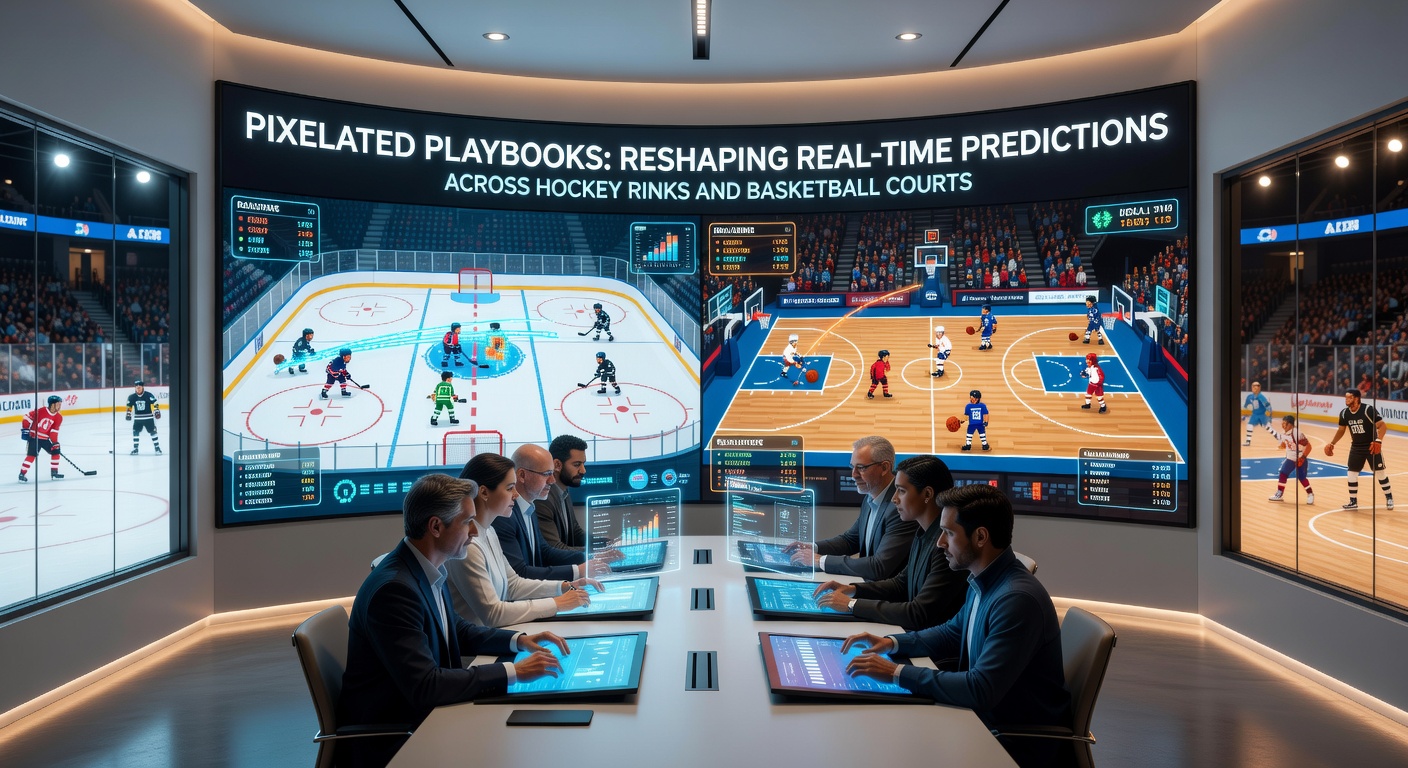 Basketball simulation dashboard showing real-time prediction overlays on court footage