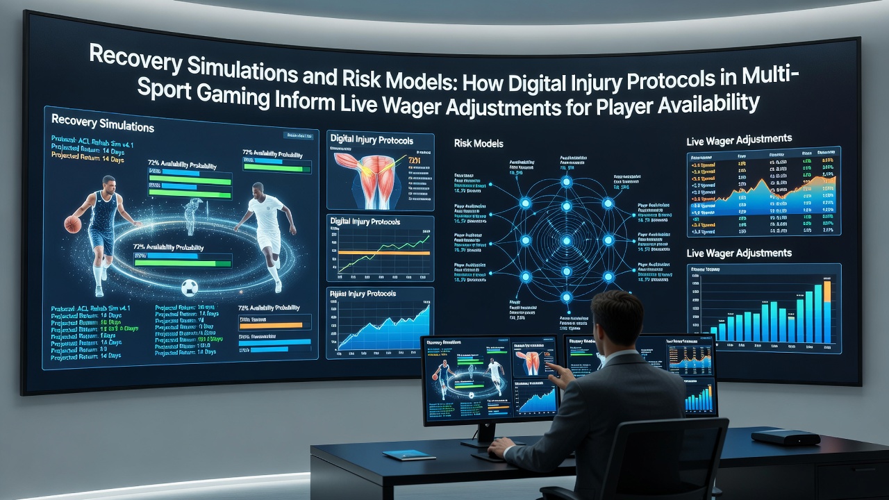 Digital simulation interface showing injury recovery timelines and risk assessment metrics in multi-sport gaming environments