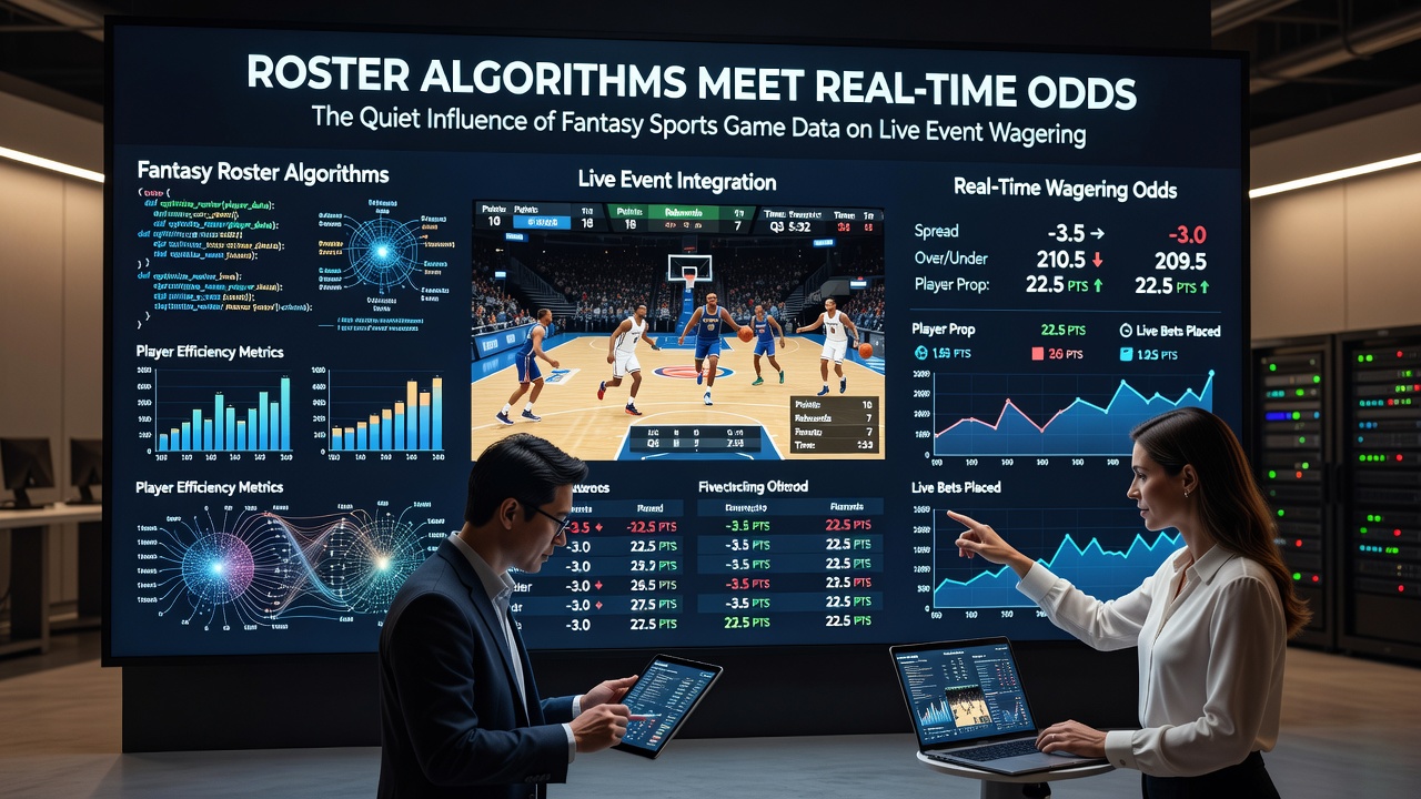 Fantasy sports roster algorithms processing player data streams that feed into live wagering models