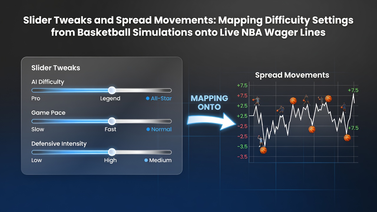 Basketball simulation interface showing difficulty sliders and corresponding spread adjustments in a virtual NBA matchup