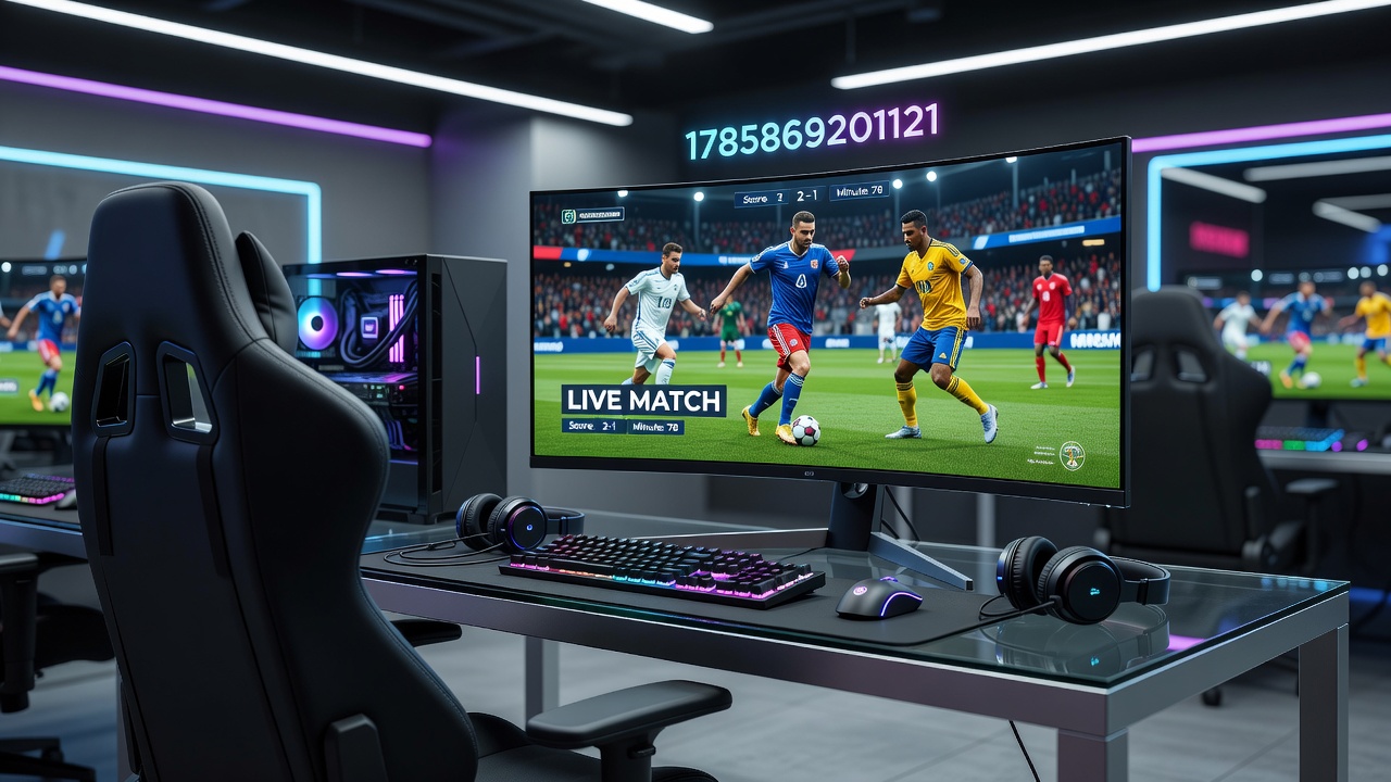 Split view showing a gamer analyzing on-screen stats next to live sports broadcast comparison charts