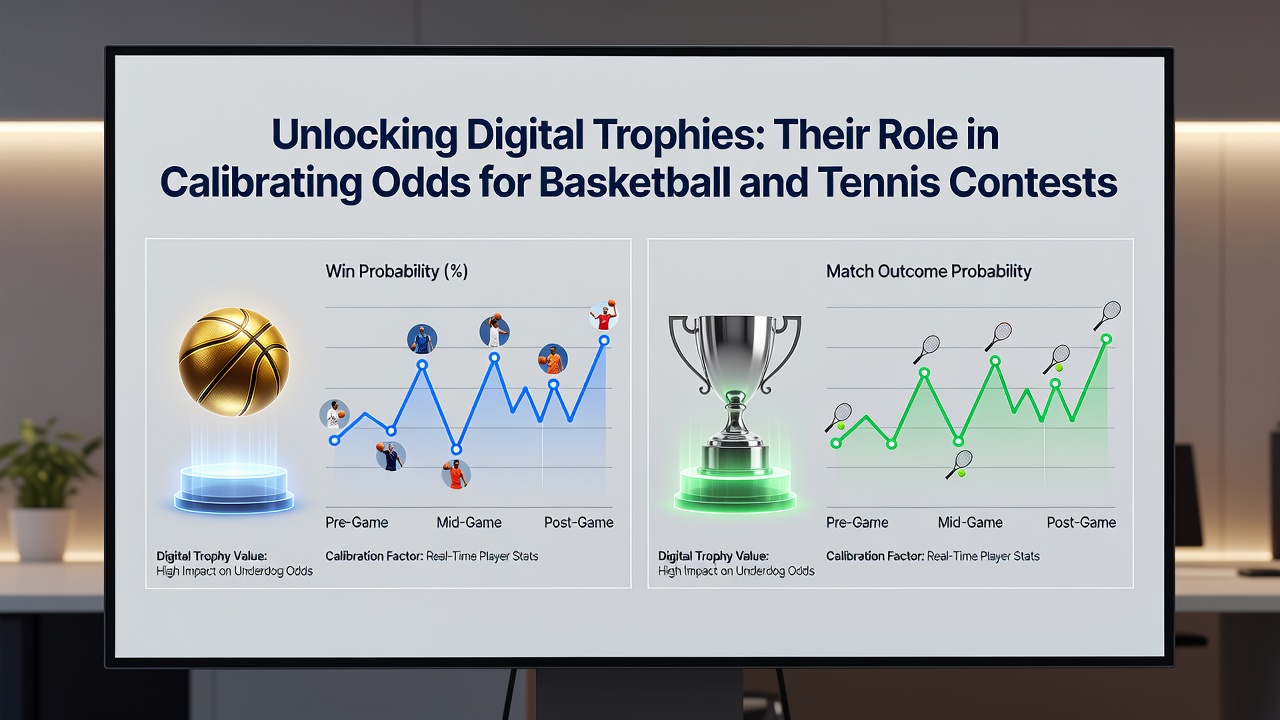 Tennis simulation interface showing trophy unlocks next to live odds adjustment charts