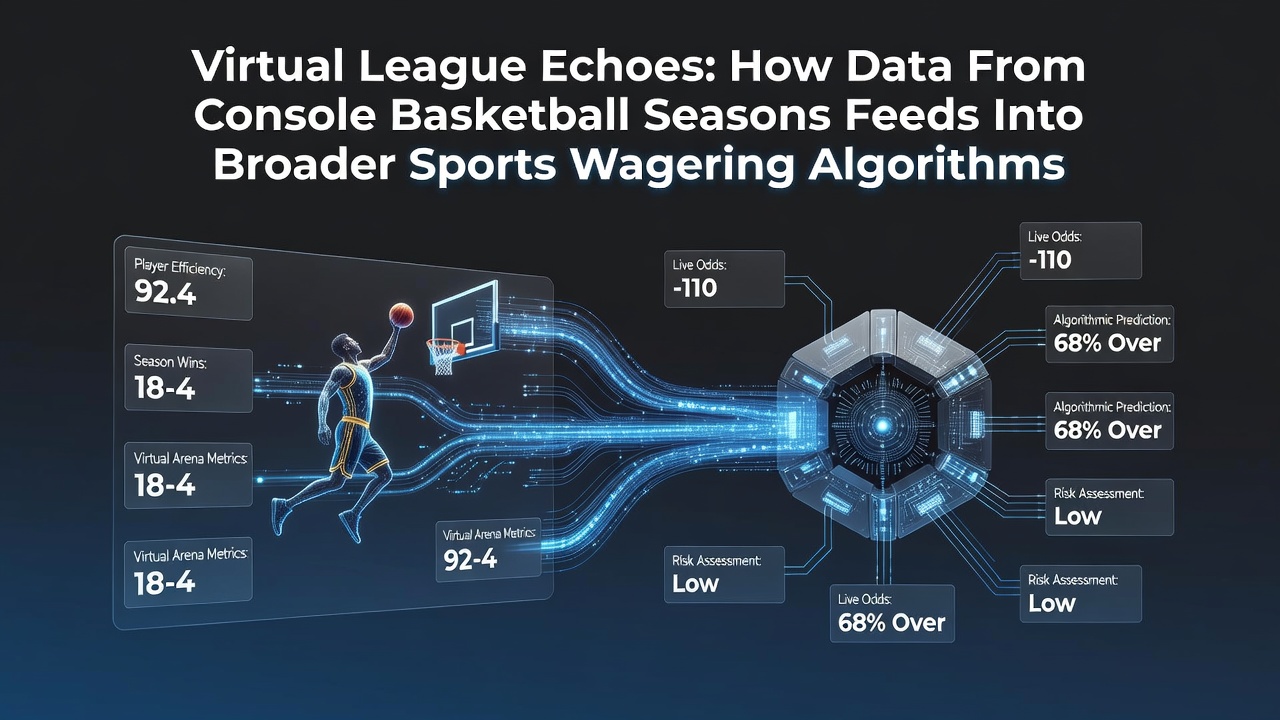 Console basketball simulation interface displaying player statistics and season metrics used in algorithmic models