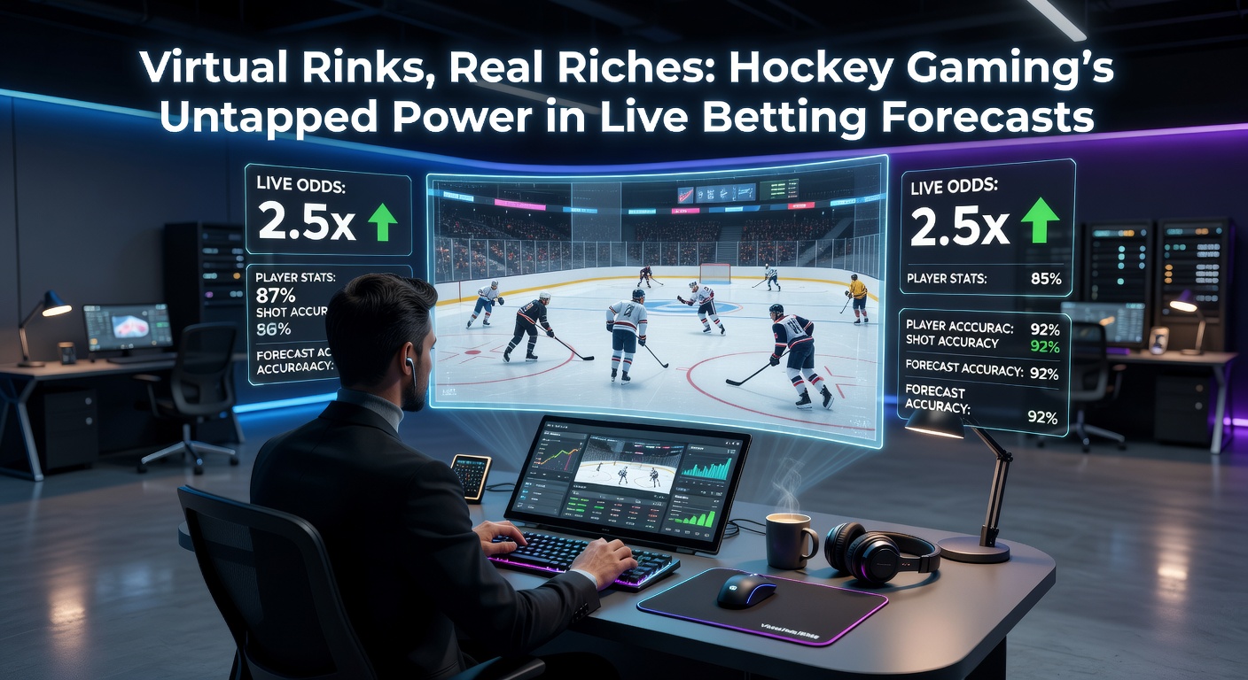 Close-up of a bettor analyzing live NHL odds alongside a split-screen hockey game simulation displaying predictive graphs and player trajectories