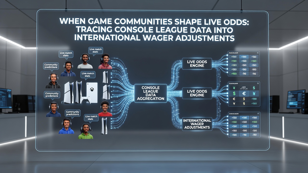 Analysts reviewing live odds dashboards alongside console league statistics on multiple monitors