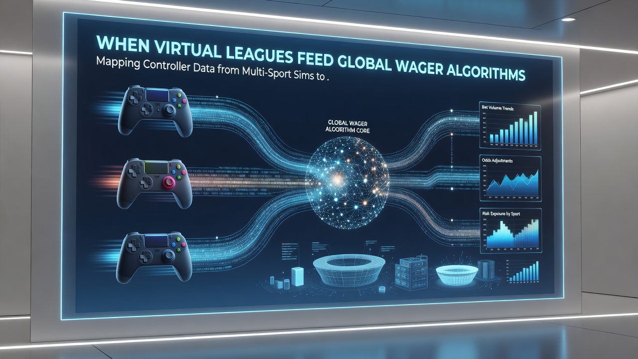 Diagram showing data flow from multi-sport simulation controllers to live forecast adjustments in international wagering markets